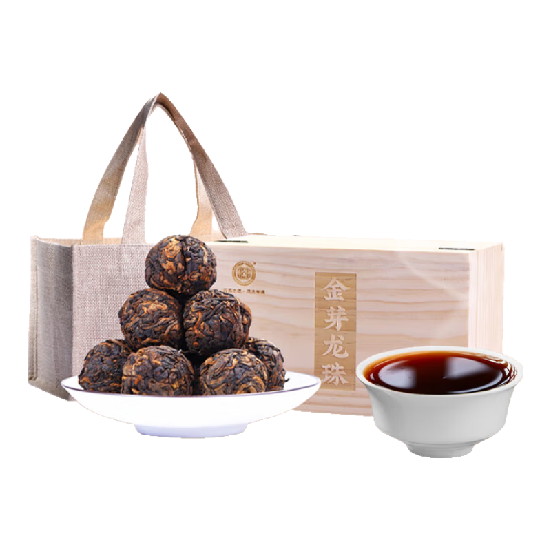 滇吉號班章金芽熟茶龍珠云南古樹普洱茶熟普散茶1粒1泡實(shí)木禮盒茶葉500g