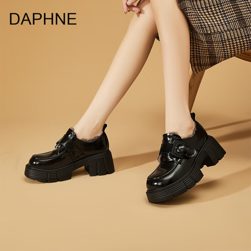 达芙妮加绒乐福鞋厚底百搭2025秋冬新款复古学院jk鞋子女增高黑色小皮鞋 黑色 加绒 38