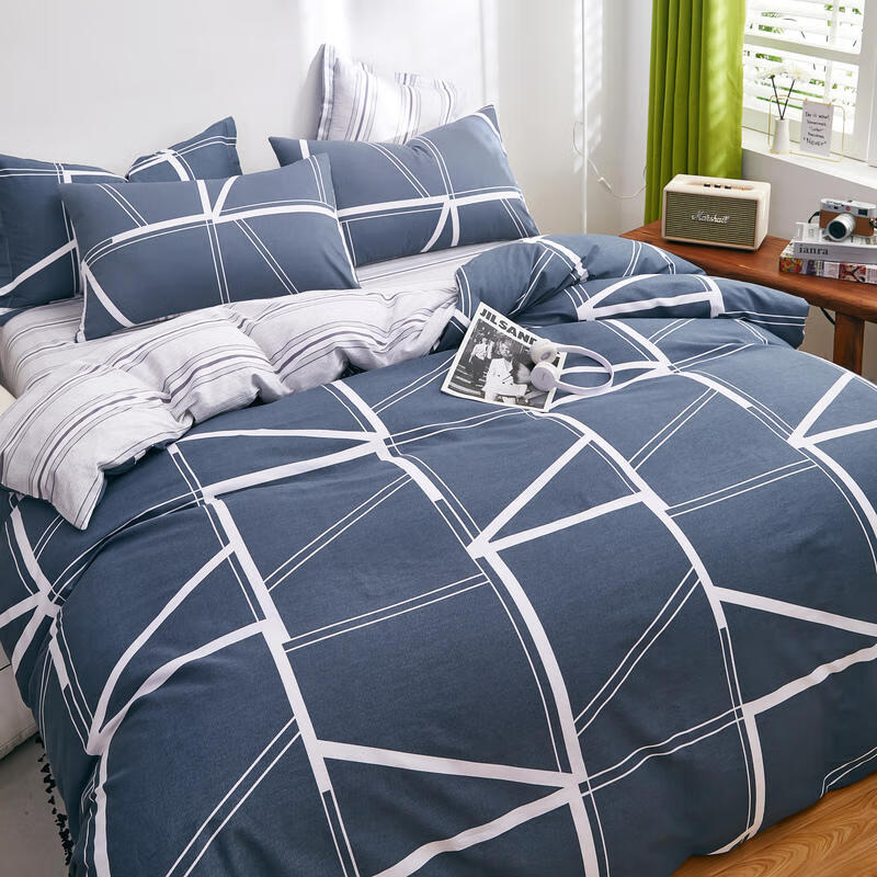 雅芳婷(A-Fontane)全棉床笠四件套純棉床單被套1.5米床罩式4件套1.8m床上用品 藍韻格 床笠款 x 1.8米床四件套被套20