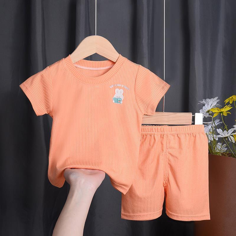 穿的儿童套装短袖t恤男童短裤夏季套装女童短袖婴儿衣服薄款家居服 橘