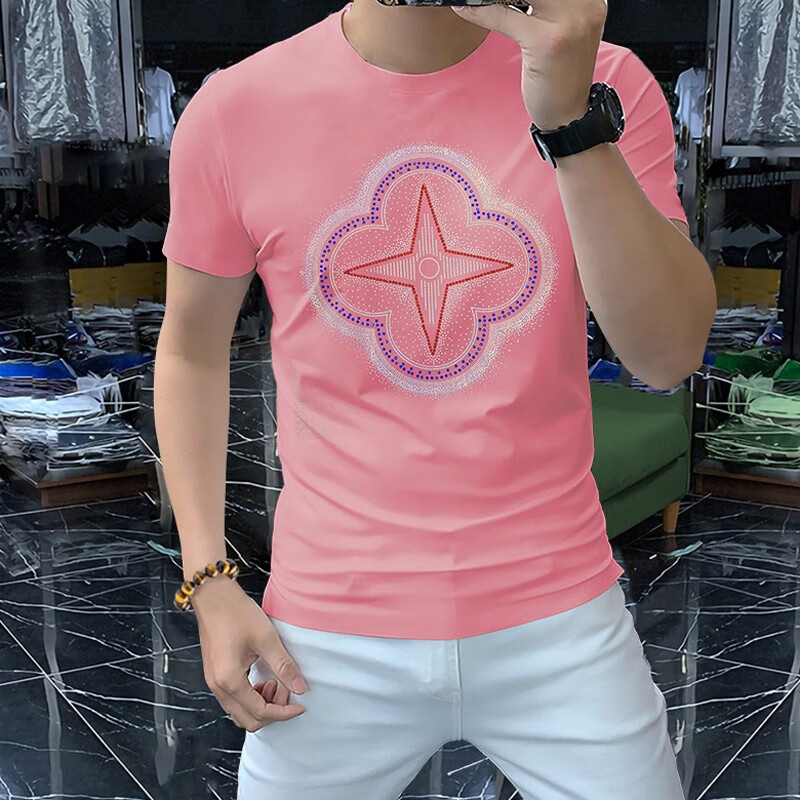 ny-nyc潮牌大花烫钻短袖t恤男高品质圆领丝光棉体恤夏季新款半袖衫