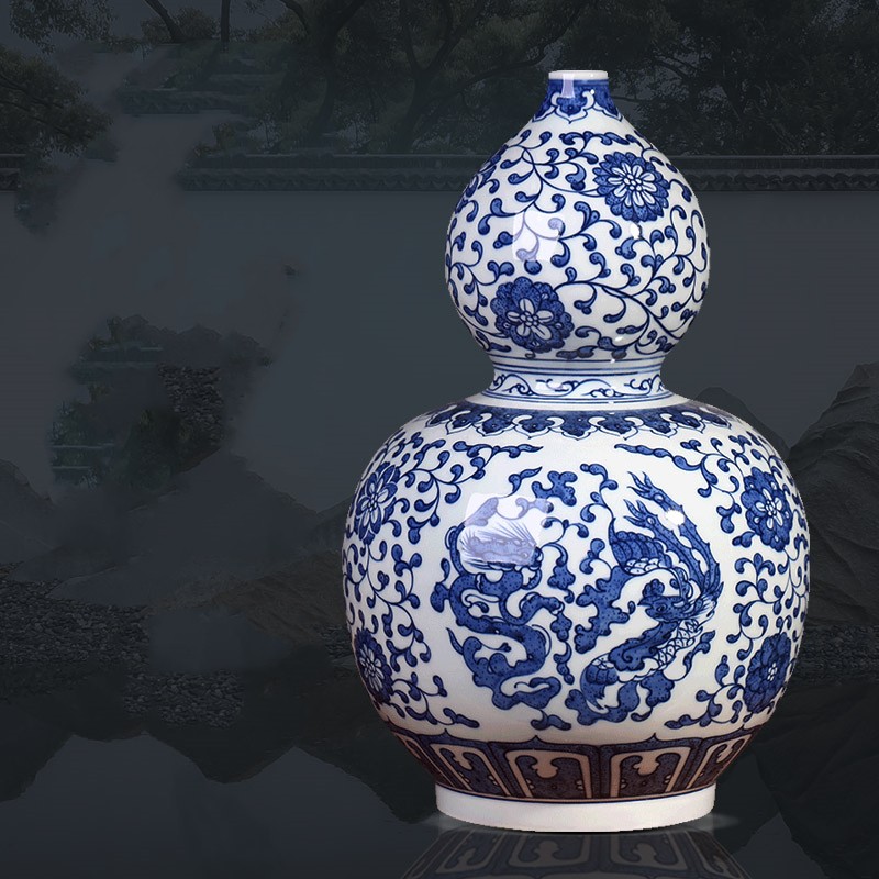 未卒复古青花瓷葫芦陶瓷摆件办公室客厅书柜装饰瓷瓶乔迁开业礼品开口