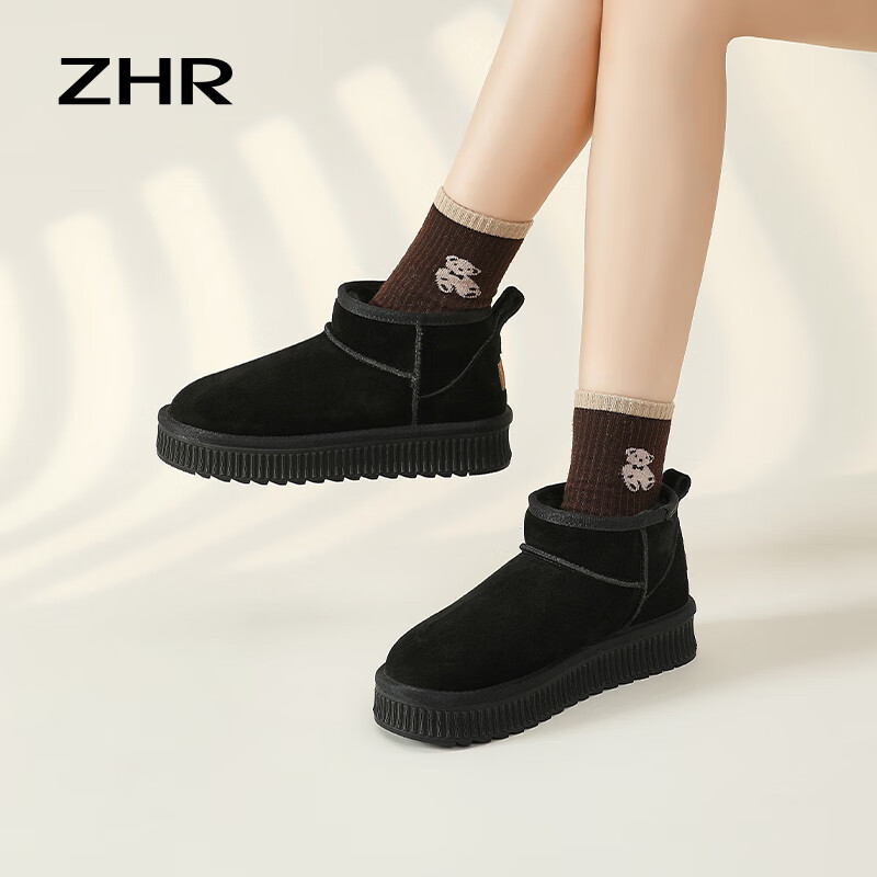 ZHR雪地靴女厚底冬季新款舒适防滑真牛皮东北棉鞋加绒加厚保暖面包靴 黑色-GZ10 35