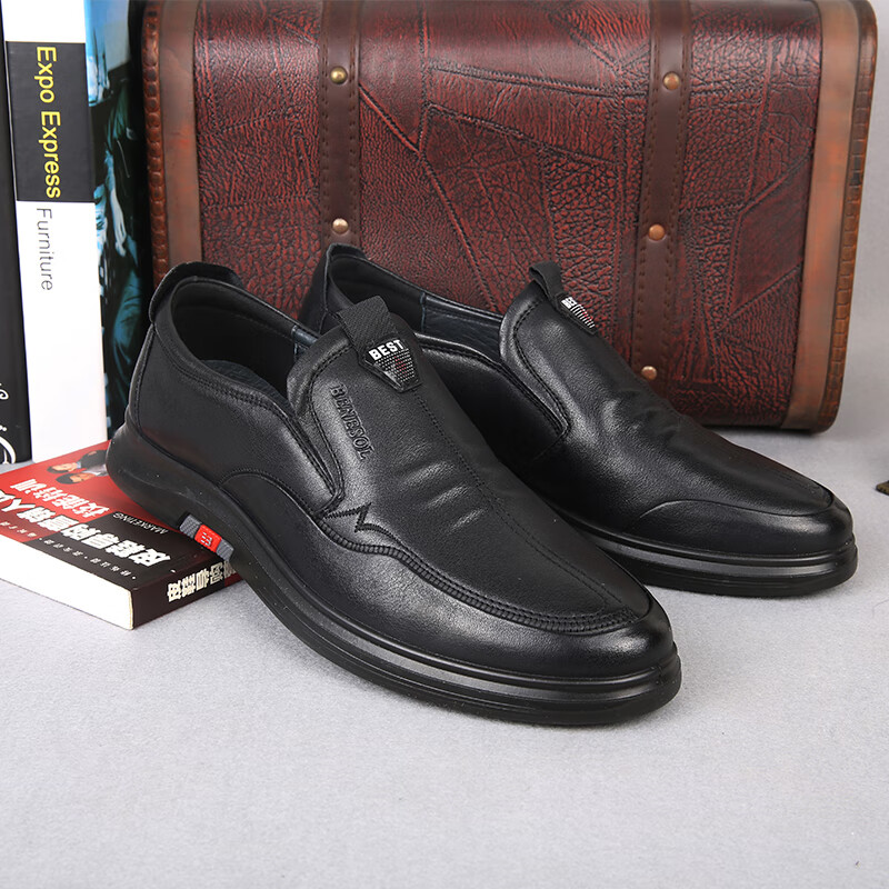 邦赛软底黑色休闲皮鞋男春秋一脚蹬真皮防滑宽松男鞋商务休闲男士皮鞋