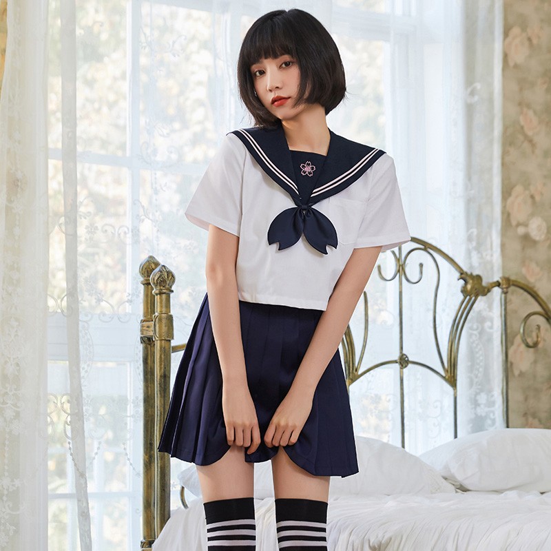 生套装 日系学院风超短裙丝袜套装大码小胸 蓝领蓝裙学生装【领结