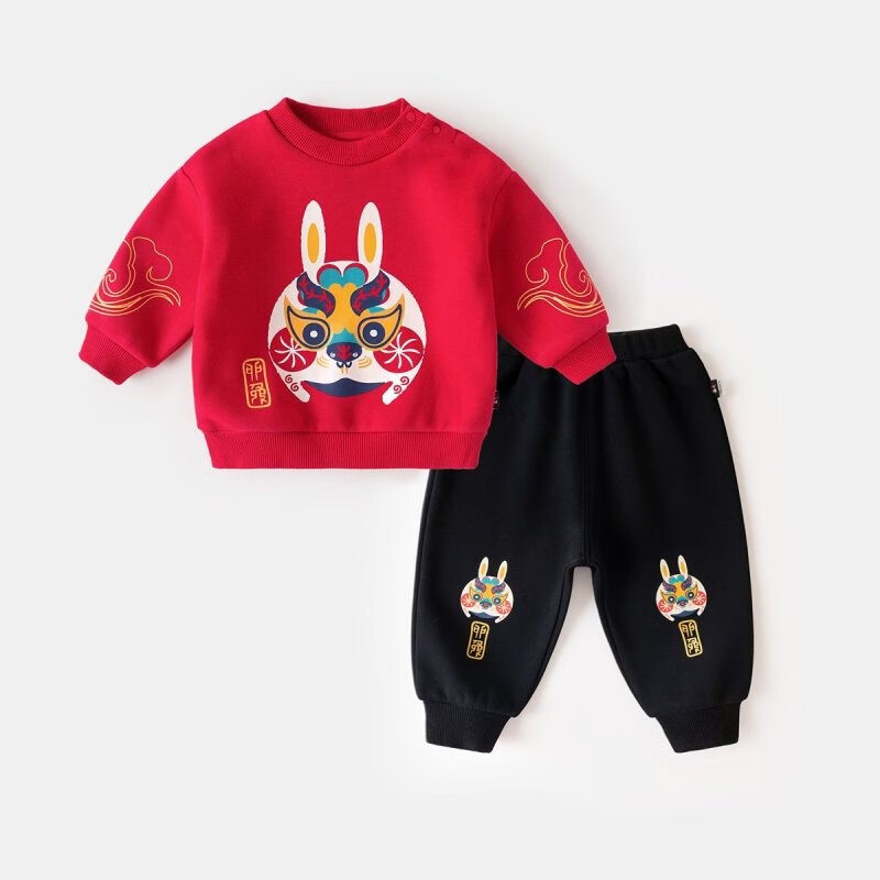 嘟嘟家兔年宝宝新年装套装婴儿加绒加厚拜年服 红色卫衣+黑色裤子 90使用感如何?