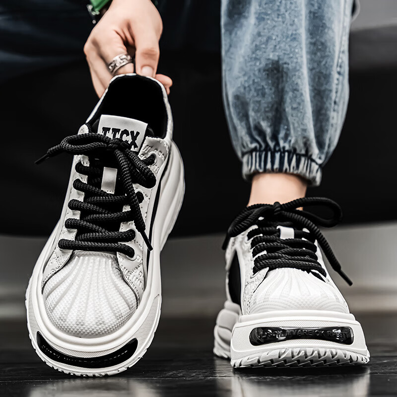 虎稚潮牌新款男士低帮厚底滑板鞋小众皮面运动休闲百搭男鞋 wk119白黑