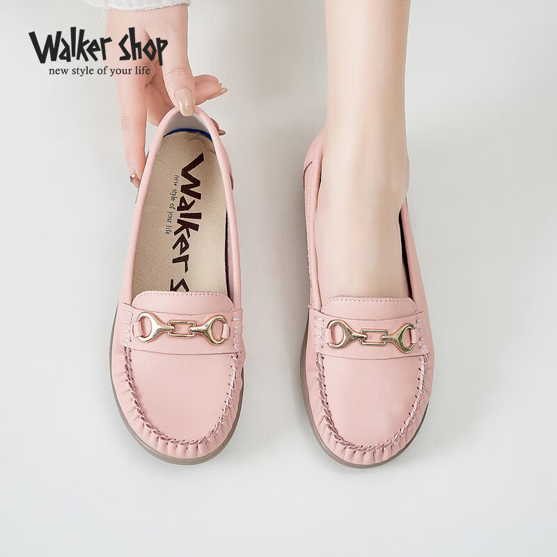 walker shop奥卡索新品女鞋真皮豆豆鞋女舒适软底乐福鞋女通勤休闲单