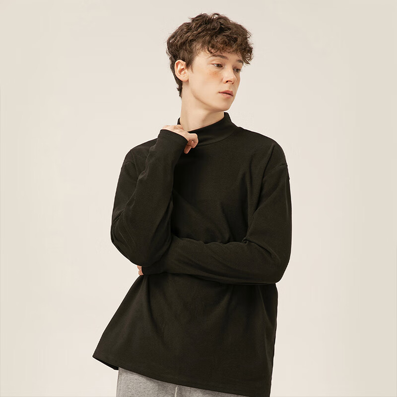 黑鲸海澜之家旗下潮牌半高领打底衫男冬季加绒保暖内搭t恤 黑色 XL