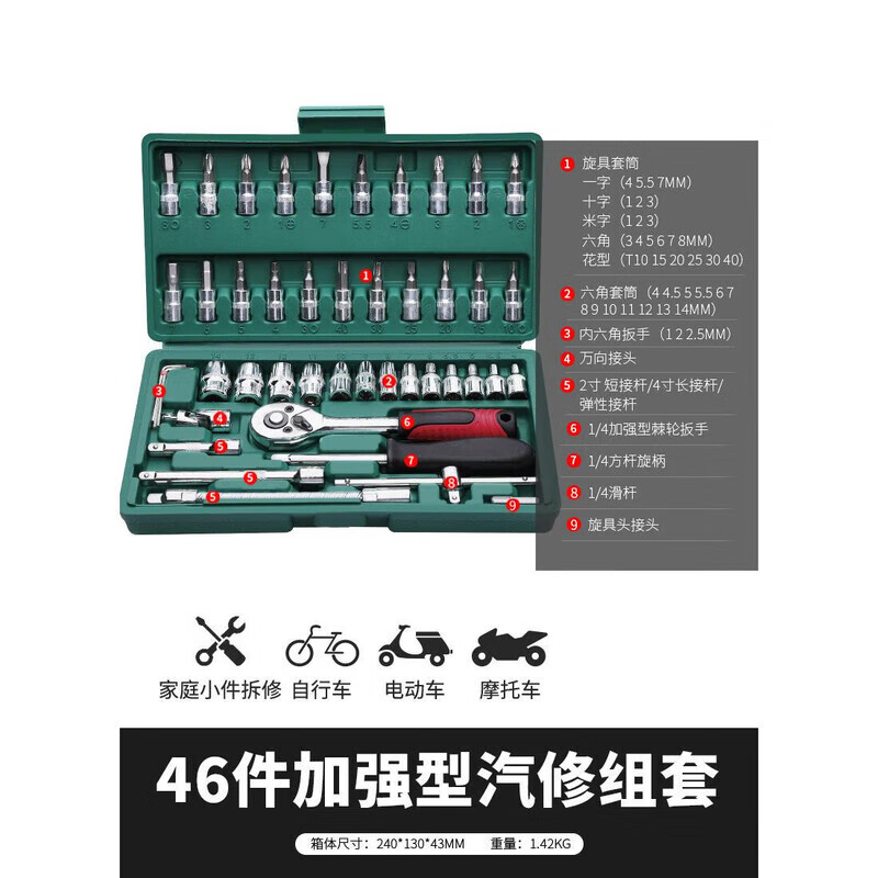 绿林汽修工具套装套筒扳手棘轮汽车维修组合修车工具箱多功能小飞 加强款直柄46件套