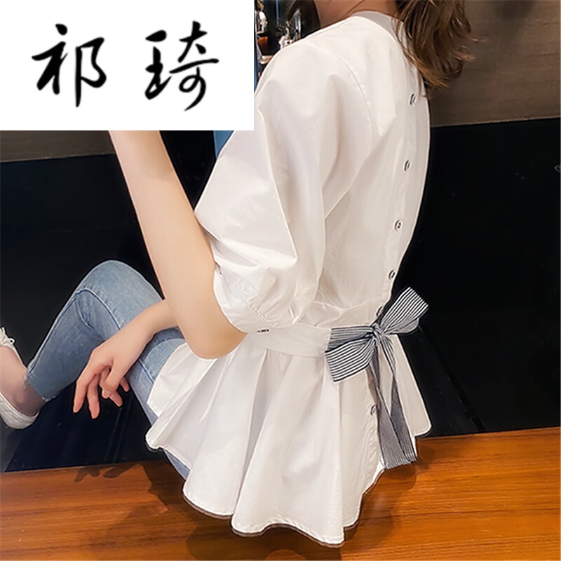 祁琦荷叶边下摆女式上衣2021夏季甜美娃娃衫女韩版蓬蓬白衬衫t恤女