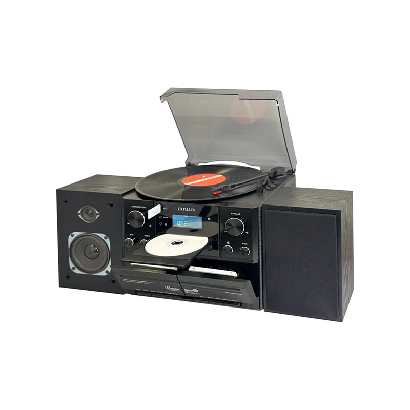 aiwa多功能組合音響 音頻解析支持藍牙、USB/CD、雙磁帶播放器/帶黑膠唱片功能/FM收音機 黑色【5W+5W需自購變壓器】
