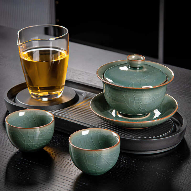 祥业哥窑盖碗三才盖碗功夫茶具茶杯茶壶泡茶碗单个家用汝瓷开片可养 （茶盘）哥窑悦禾盖碗4件套