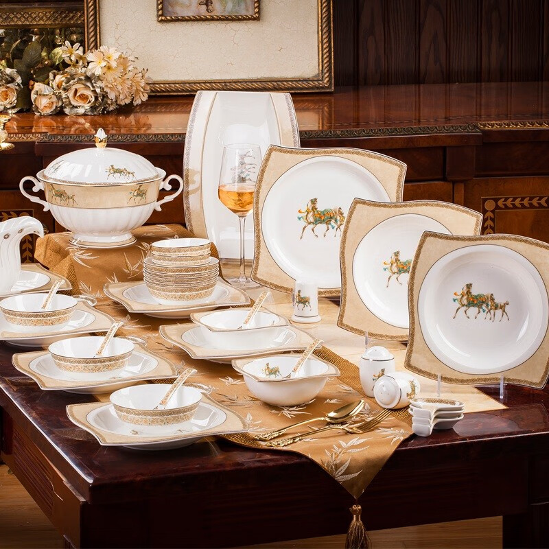 景德镇(jdz)碗碟套装北欧式餐具套装骨瓷陶瓷餐具盘子碗筷套装 60头豪