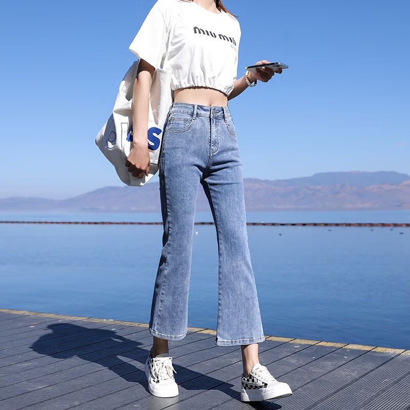 雪澈145矮个子高腰牛仔裤女小个子150cm春秋搭配显高显瘦八分微喇叭裤