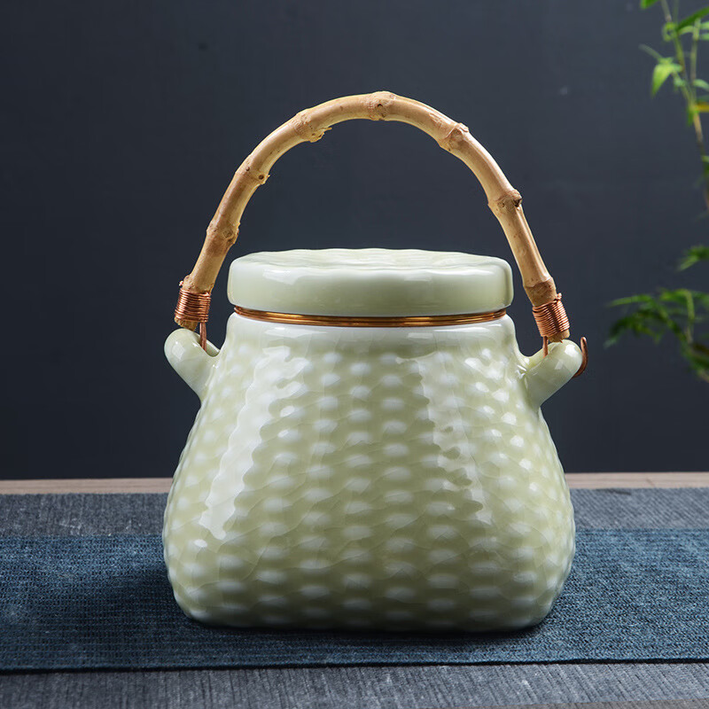 包装礼盒大号一斤装普洱茶绿茶白茶通用存茶罐 篮子提梁茶叶罐-浅绿