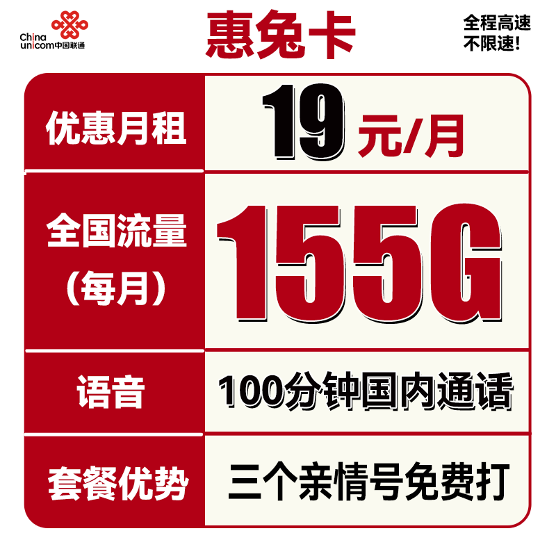 中国联通 惠兔卡 2年19元月租（95G通用流量+60G定向流量+3个亲情号）