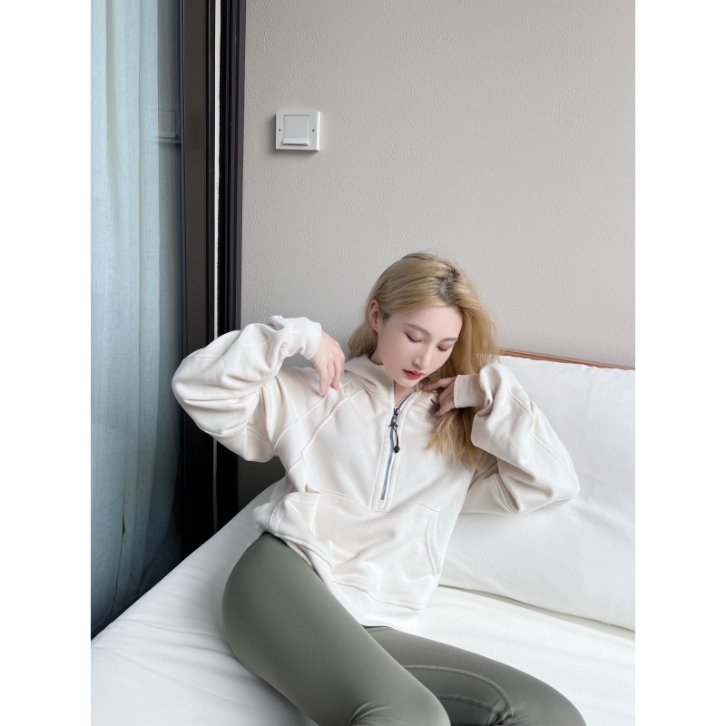 饷亨现半拉链卫衣scuba oversized zip hoodie瑜伽短连帽衫 米色 s
