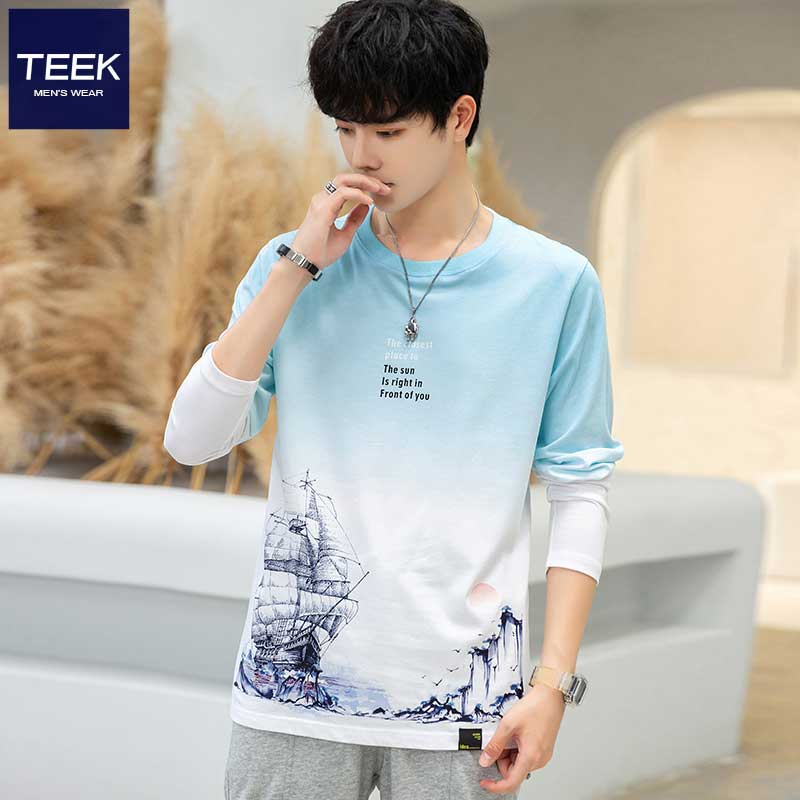 TEEK渐变长袖t恤男装春秋款上衣服 秋冬季男士秋装体恤休闲印花打底衫 JAC5B蓝白色 M