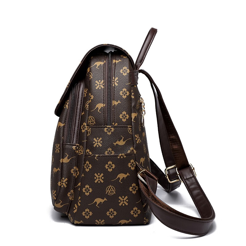 玫瑰袋鼠品牌轻奢双肩包女真皮2024新款时尚防盗牛皮背包大妈妈旅行包软皮 棕配棕【礼盒装+手包卡包】