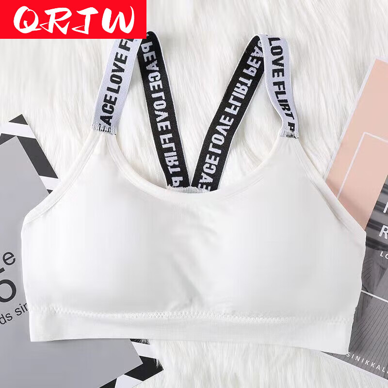 qrjw运动美背内衣无钢圈字母吊带女学生少女育期睡眠舒适文胸 仙女白