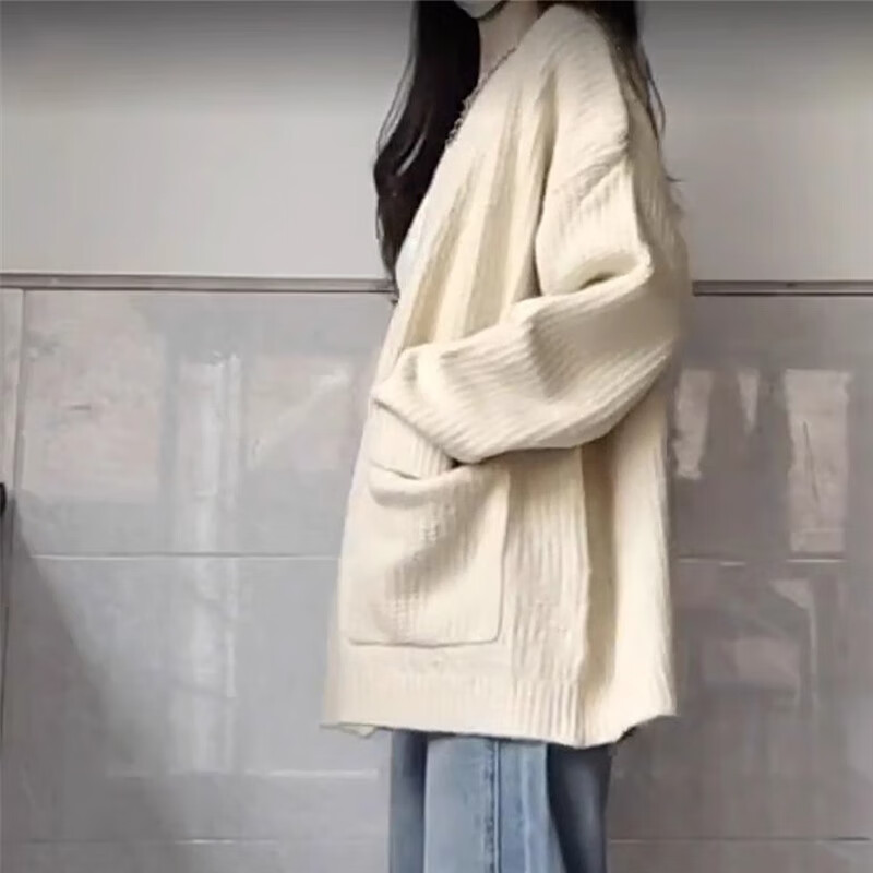 相伊恋人针织外套女26年春秋季新款毛衣外搭中长款宽松开衫慵懒风韩版上衣 浅灰色 均码 【建议80-140斤】