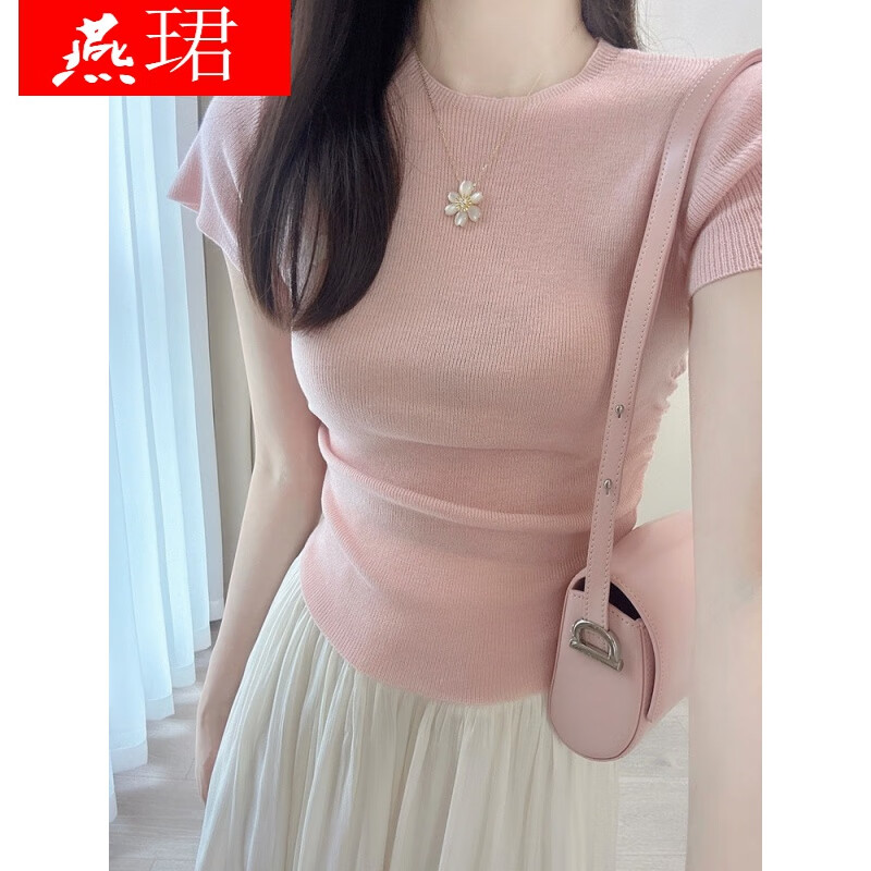 t恤女夏夏季薄款设计感小众修身短款 粉色上衣【多巴胺甜美风/法式奶