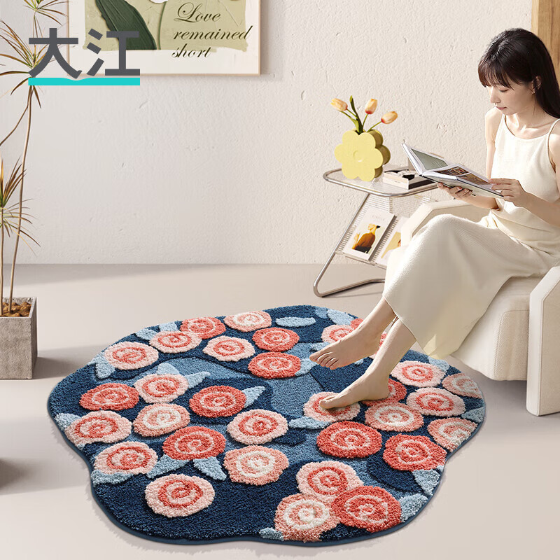 大江客厅地毯轻奢高级感加厚毛绒毯ins风卧室地毯床边毯圆形 玫瑰之约 100x100cm