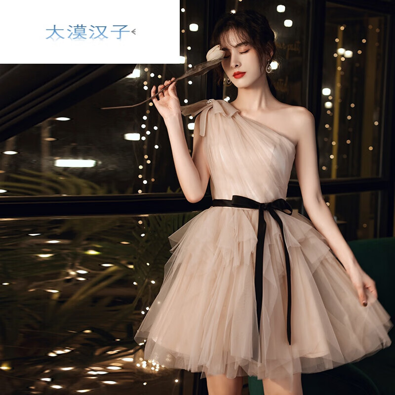 宴会主持人平时可穿伴娘服成人礼生日礼服 藕粉色短款少女钢琴演出服