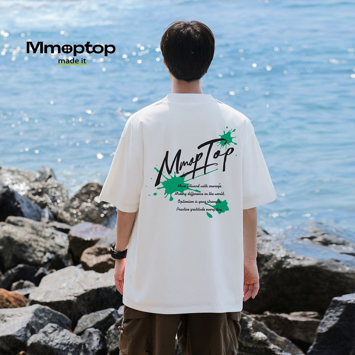 MMOPTOP男士T恤夏季美式高街宽松圆领半袖印花纯棉短袖女M0029白色M