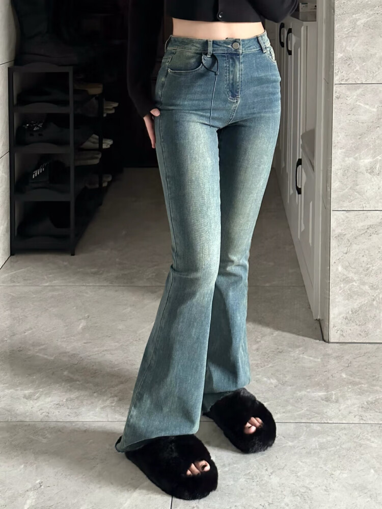 汇诗尚显瘦气质300斤特大码显瘦喇叭裤微喇裤子小个子胖妹妹mm粗腿弹力 复古蓝 6XL230280斤