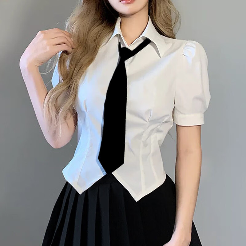 jk短袖襯衫上衣薄款白色女夏收腰欲學(xué)院風(fēng)制服泡泡袖短款設(shè)計感小眾 白色襯衫(黑色嶺帶)+黑色百褶群 XXL