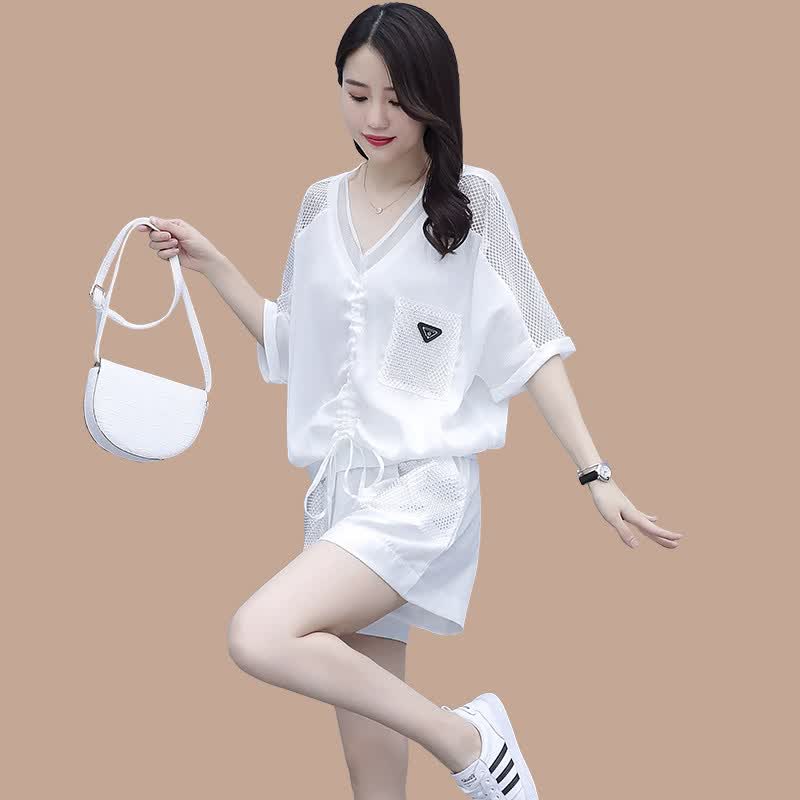 搭显瘦遮肚子套装夏季女装时尚百搭镂空拼接阔腿短裤夏运动休闲两件套