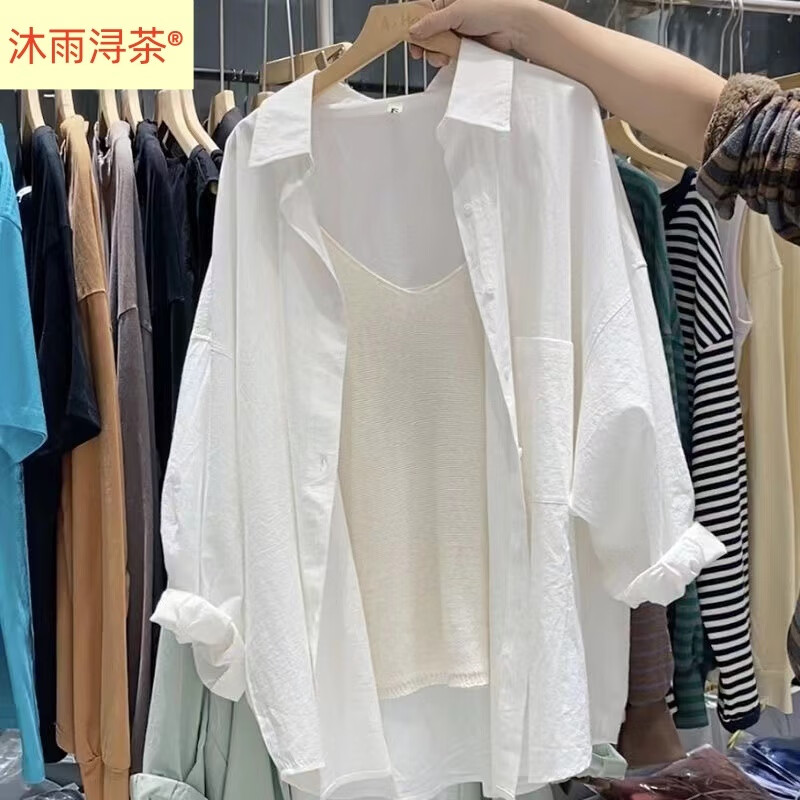 雷黛茜棉衬衫2024春夏款慵懒风大版显瘦糖果炫彩色休闲 01本白 慵懒风 均码S衣长7080-125斤