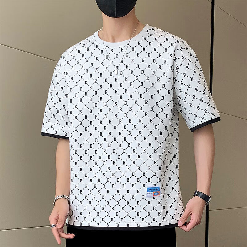 企迈衣服男装t恤假两件短袖t恤男士夏季满印潮流半袖上衣服少年薄款宽