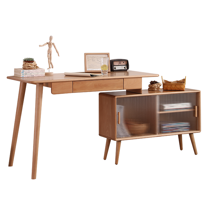 素杉 进口实木书架北欧简约带玻璃门置物柜矮柜收纳柜展示柜  0.9米原木色