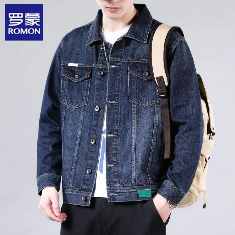 罗蒙(ROMON)男士牛仔外套春秋新款青年装宽松翻领潮工装纽扣夹克上衣 深蓝色-DY757 M建议【98-120斤】