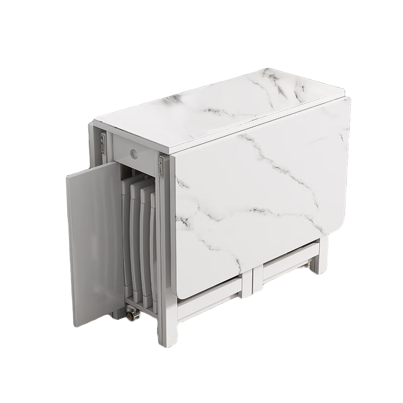 卡梵羅(KAFANLUO) 全實木折疊餐桌小戶型可折疊桌椅組合飯桌帶電磁爐鋼化玻璃面仿大理石紋雙支撐 白色鋼化玻璃雙支撐無電磁爐【145*90*75】 一桌+六椅【1.45米才能收納六把椅子】