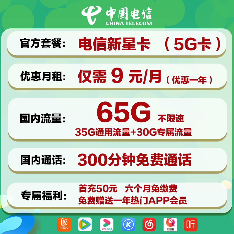 中国电信（China Telecom） 电信流量卡无限流量4g手机卡不限量大王卡0月租全国通用上网卡 9元-65G高速流量+300分钟-首月免费