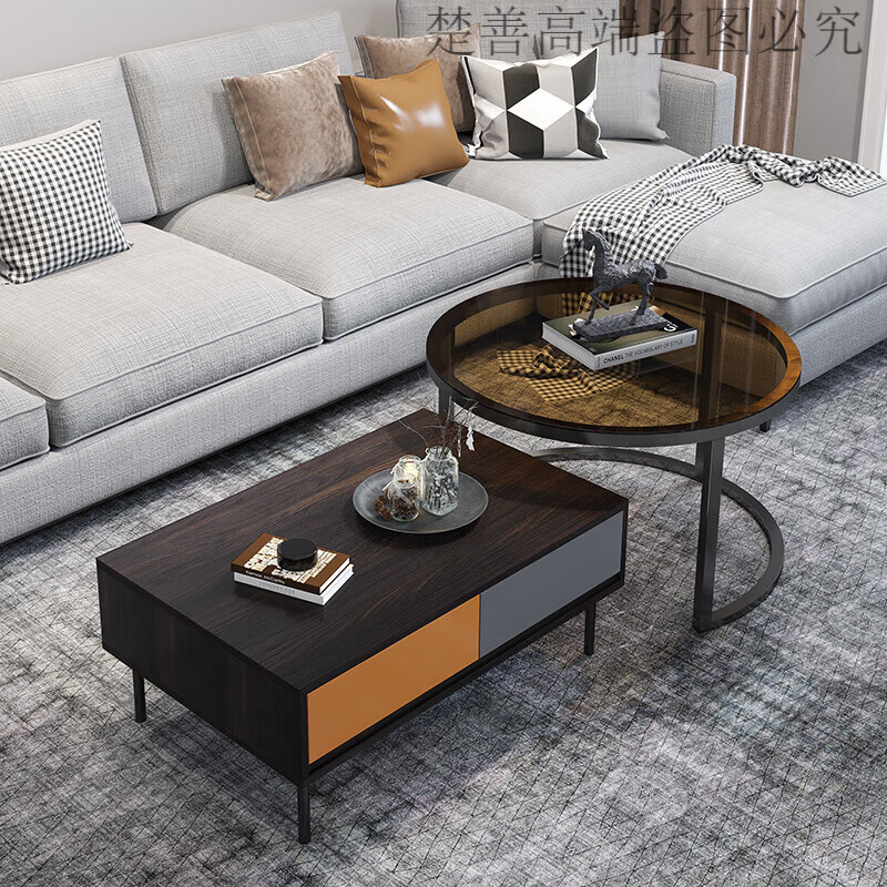 红简约现代创意客厅轻奢组合小户型圆形玻璃茶几 桔色 灰色配色抽屉款