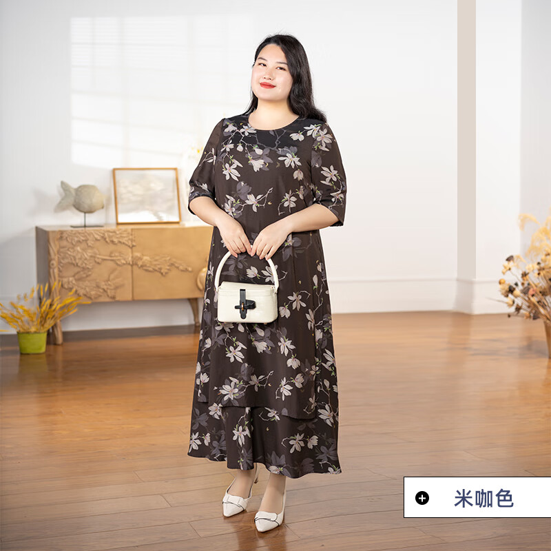 美麗客棧微胖氣質(zhì)款大碼女裝2022年夏季新款胖mm減齡藏肉遮肚子連衣裙長裙 連衣裙(米咖色) 大碼XL