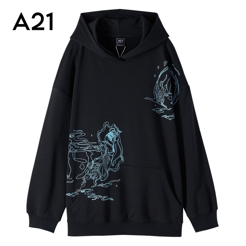 a21秋季新款女装高级感宽松长袖连帽卫衣女落肩休闲上衣帽衫 黑色 s