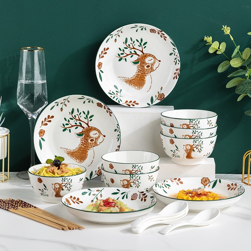 120770/尚行知是 碗碟套装碗创意个性家用组合北欧风格现代简约餐具碗盘小清新轻奢 心动小鹿16件套
