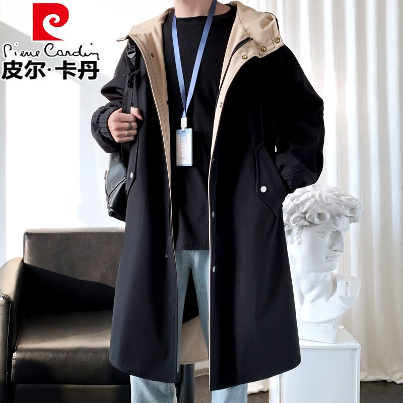 皮尔卡丹风衣男外套中长款春秋季大衣2024新款秋冬长款男士英伦风大码男装 黑色 M 100-120斤