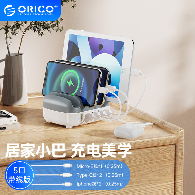 奥睿科（ORICO）多口充电器 40W大功率5口USB苹果华为手机ipad充电站带支架设计/带五根充电线 DUK-5P-