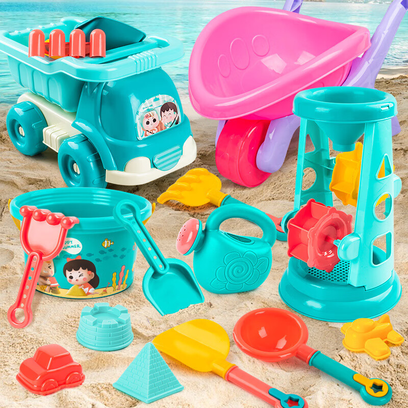 森林龙沙滩挖沙玩具儿童挖沙工具18件套沙滩宝宝戏水玩具沙滩桶生日礼物 沙滩玩具18件套装