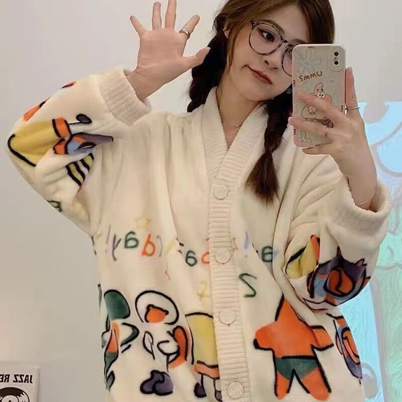 诗莉奥（SHILIAO）睡衣女士秋冬季加厚珊瑚绒甜美长袖加绒大码保暖可外穿家居服套装 小星-套装 XL (建议120-140斤)