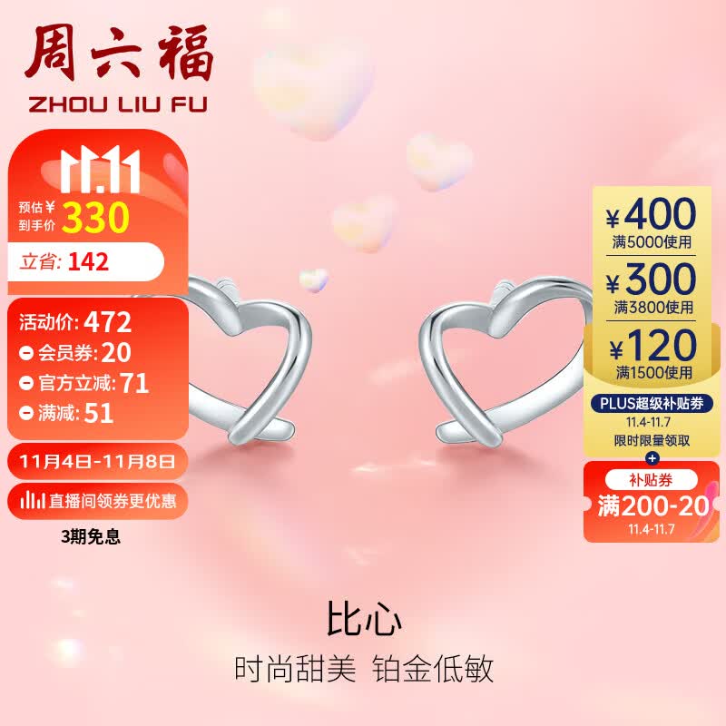 周六福PT950铂金耳钉女 爱心白金耳饰 PT095664 约0.95g 一对 属于什么档次？