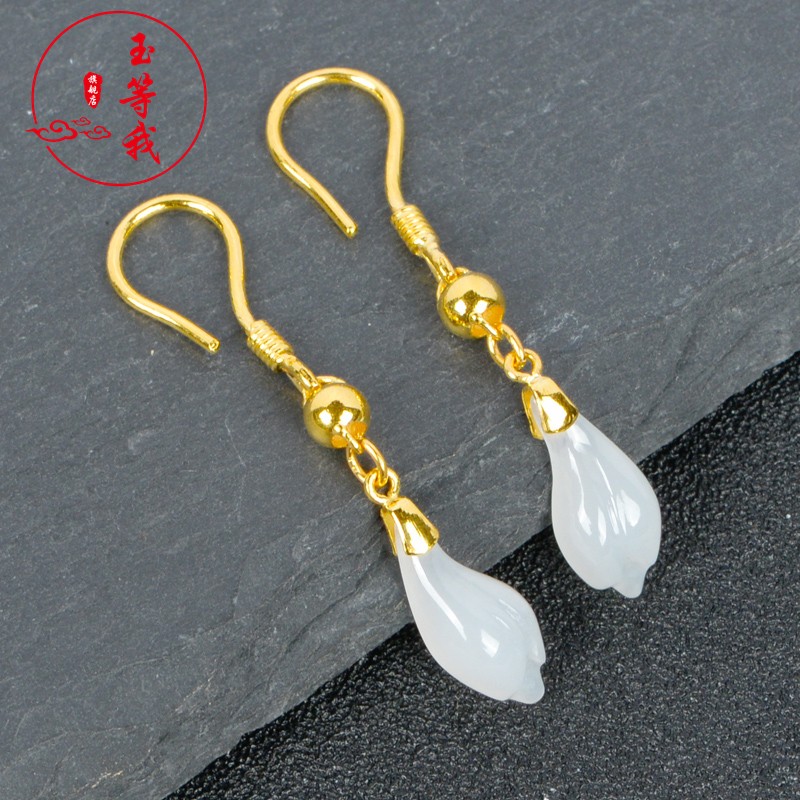 女款999金和田玉耳钉金玉兰花耳环长款耳线金镶玉 兰花耳坠黄金约2