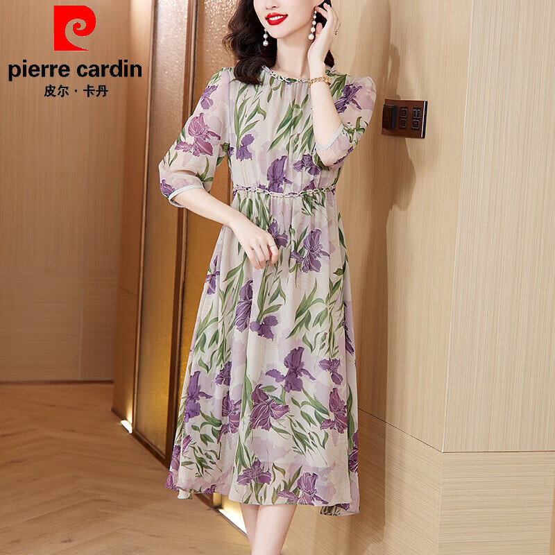 碎花连衣裙新款mm收腰a字显瘦气质真丝洋气 花色-十大品牌中年女士 m